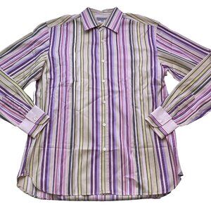 Ted Baker Men's Shirt Size 4 Pink, Lavender, Green Stripe Long Sleeve Button Up